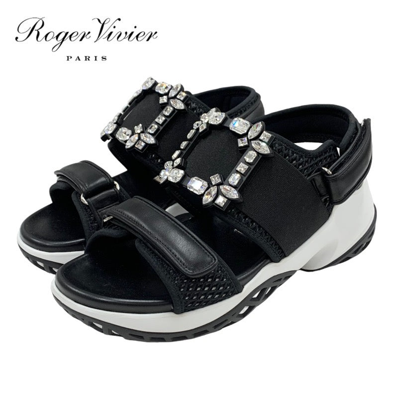 ロジェヴィヴィエ Roger Vivier ヴィヴ ラン サンダル 靴 シューズ レザー ファブリック ブラック 黒 ストラスバックル ビジ –  MYCLOSET