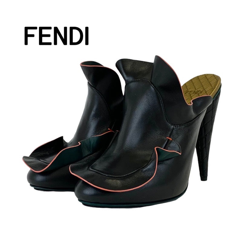 未使用 フェンディ FENDI サンダル ミュール パンプス 靴 シューズ フリル レザー ブラック – MYCLOSET