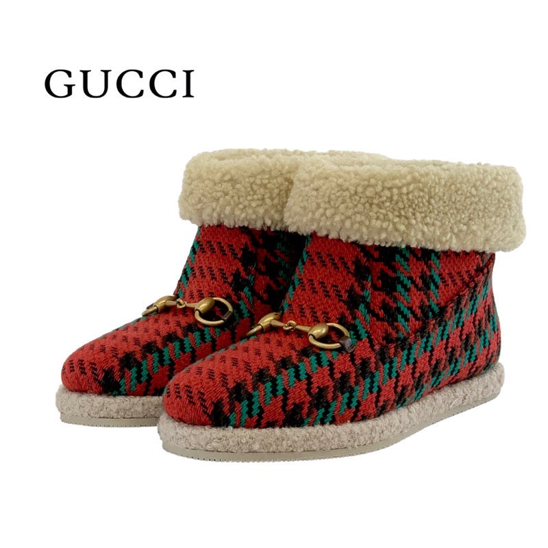 グッチ GUCCI ブーツ ショートブーツ 靴 シューズ ウール ムートン レッド グリーン ブラック 未使用 ムートンブーツ ホースビット –  MYCLOSET