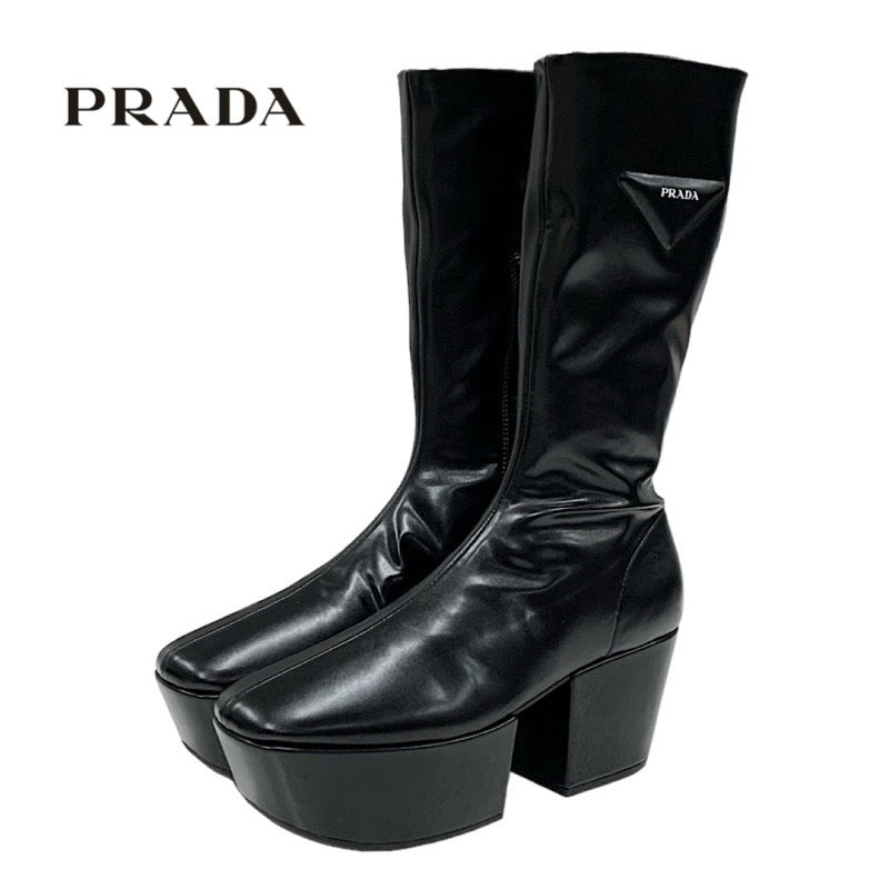 プラダ レザー ロゴ プラットフォーム ミドルブーツ ブラック プラダ PRADA ブーツ ロングブーツ ミドルブーツ 靴 シューズ