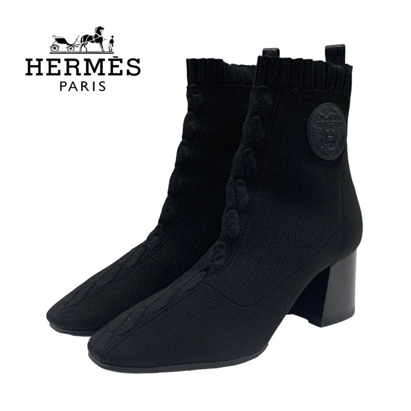 Hermes HERMES Volvelle Boots Short Boots Shoes Fabric Leather Black Socks Boots Ex Libris Knit