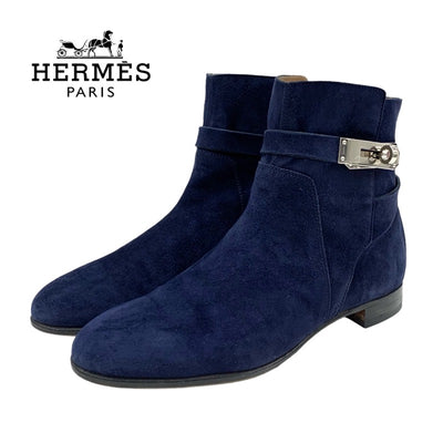 Hermes Neo Boots Short Boots Shoes Suede Navy Silver Kelly Hardware