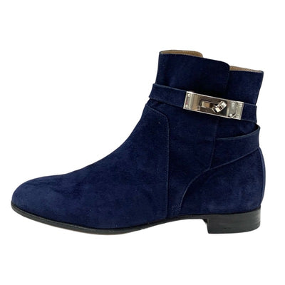 Hermes Neo Boots Short Boots Shoes Suede Navy Silver Kelly Hardware