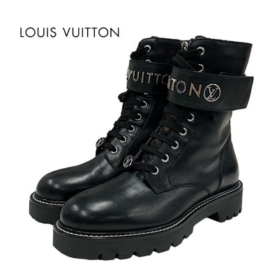 LOUIS VUITTON Territory Line Boots Short Boots Shoes Leather Black Silver Ankle Boots Logo Lace Up