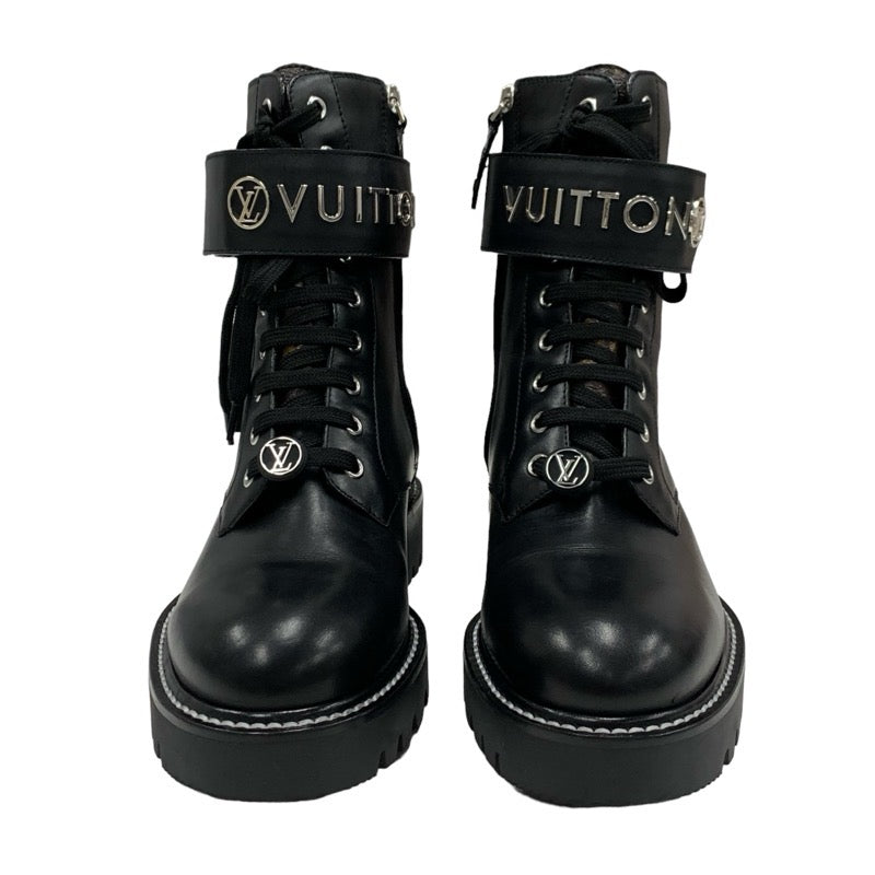 LOUIS VUITTON Territory Line Boots Short Boots Shoes Leather Black Silver Ankle Boots Logo Lace Up