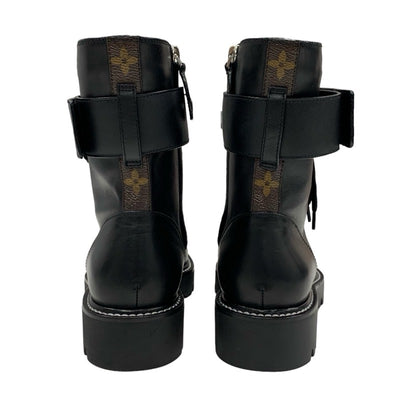 LOUIS VUITTON Territory Line Boots Short Boots Shoes Leather Black Silver Ankle Boots Logo Lace Up