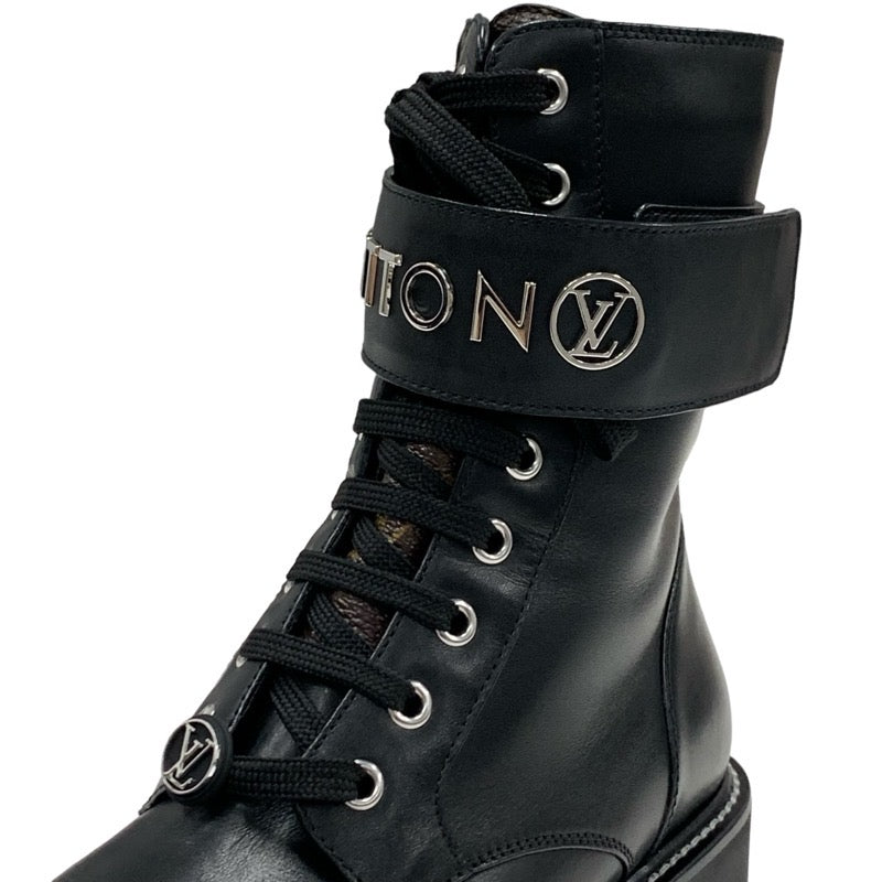 LOUIS VUITTON Territory Line Boots Short Boots Shoes Leather Black Silver Ankle Boots Logo Lace Up