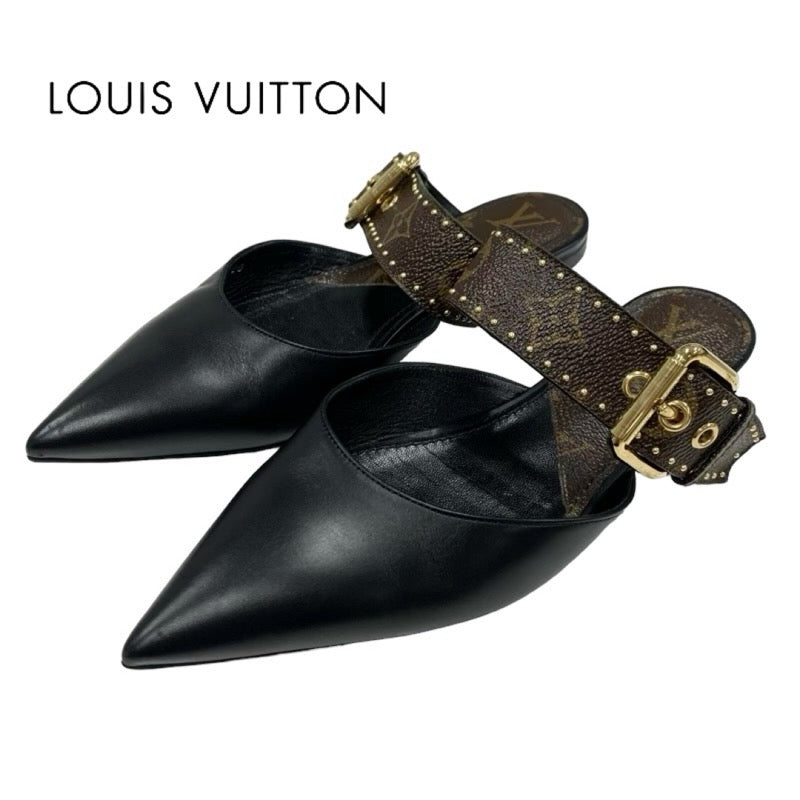 ルイヴィトン LOUIS VUITTON モノグラム フラットシューズ 靴 シューズ レザー ブラック ブラウン ゴールド ミュール スタッズ