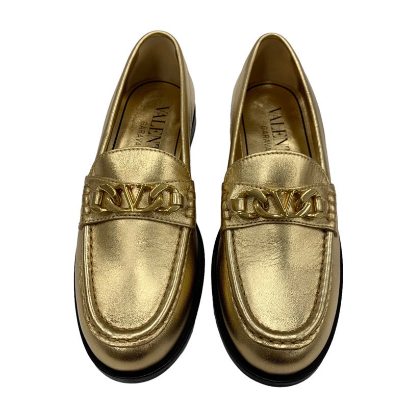ヴァレンティノ VALENTINO ローファー 革靴 靴 シューズ レザー ゴールド 未使用 フラットシューズ Vロゴ チェーン