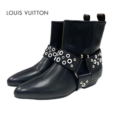 LOUIS VUITTON Rhapsody Line Boots Short Boots Shoes Leather Black White Ankle Boots Hole Belt