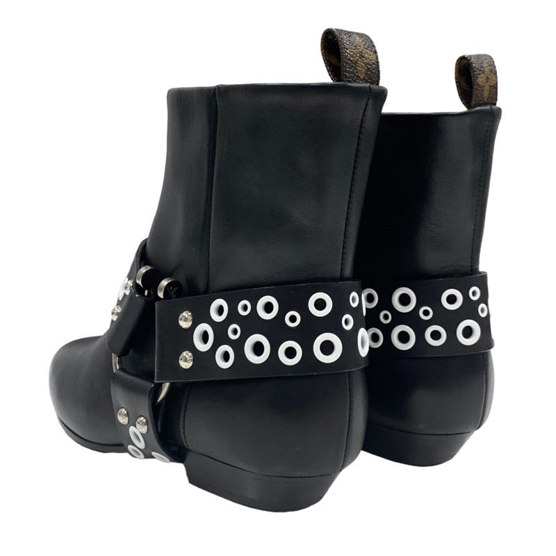 LOUIS VUITTON Rhapsody Line Boots Short Boots Shoes Leather Black White Ankle Boots Hole Belt