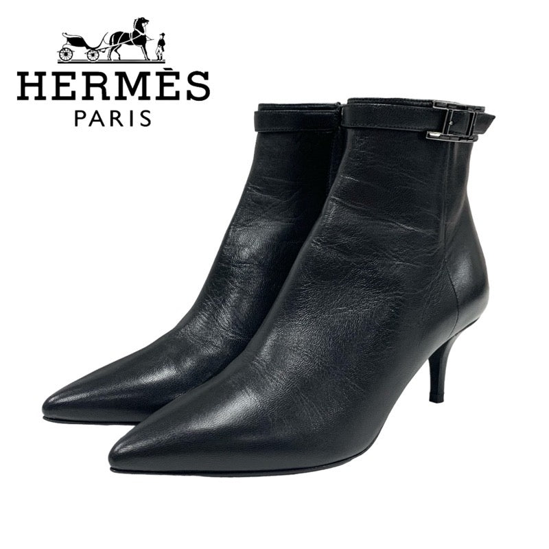 Hermes Blanche Boots Short Boots Shoes Leather Black H Buckle