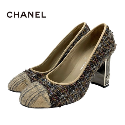 Chanel CHANEL pumps, shoes, wool, leather, multicolor, beige, logo, tweed