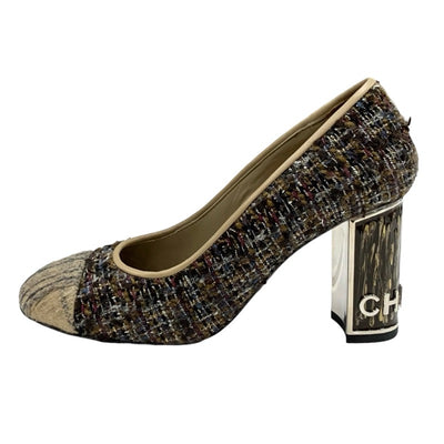 Chanel CHANEL pumps, shoes, wool, leather, multicolor, beige, logo, tweed