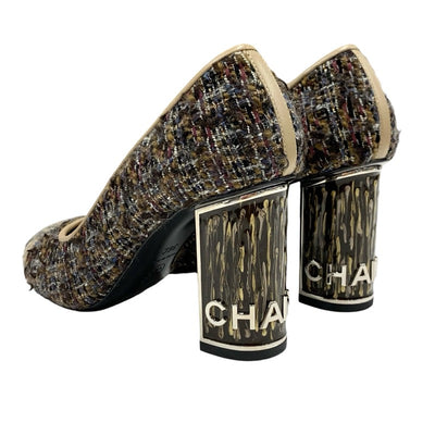 Chanel CHANEL pumps, shoes, wool, leather, multicolor, beige, logo, tweed