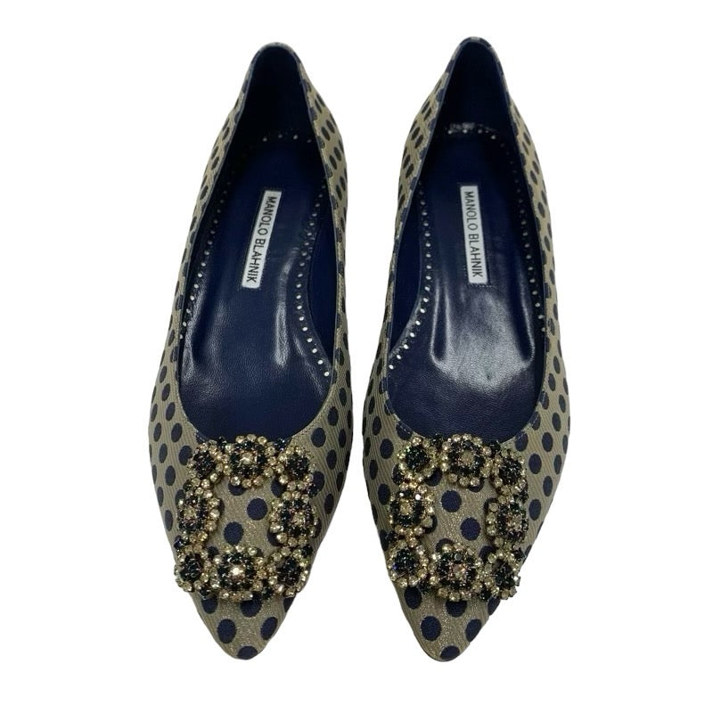 マノロブラニク MANOLO BLAHNIK ハンギシ フラットシューズ 靴 シューズ ファブリック ネイビー ゴールド ビジュー ドット柄 –  MYCLOSET