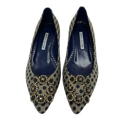 マノロブラニク MANOLO BLAHNIK ハンギシ フラットシューズ 靴 シューズ ファブリック ネイビー ゴールド ビジュー ドット柄 フラットパンプス