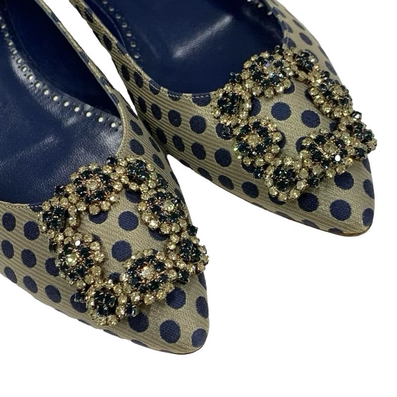 マノロブラニク MANOLO BLAHNIK ハンギシ フラットシューズ 靴 シューズ ファブリック ネイビー ゴールド ビジュー ドット柄 –  MYCLOSET