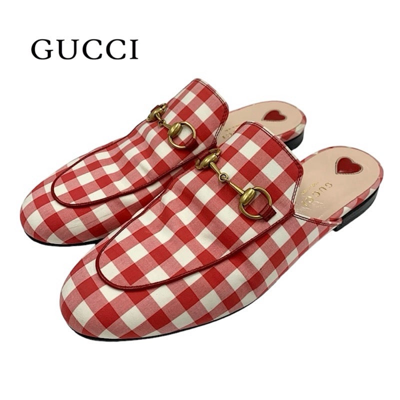 グッチ GUCCI プリンスタウン フラットシューズ 靴 シューズ ファブリック レッド ホワイト ゴールド ミュール スリッパサンダル チェック ホースビット