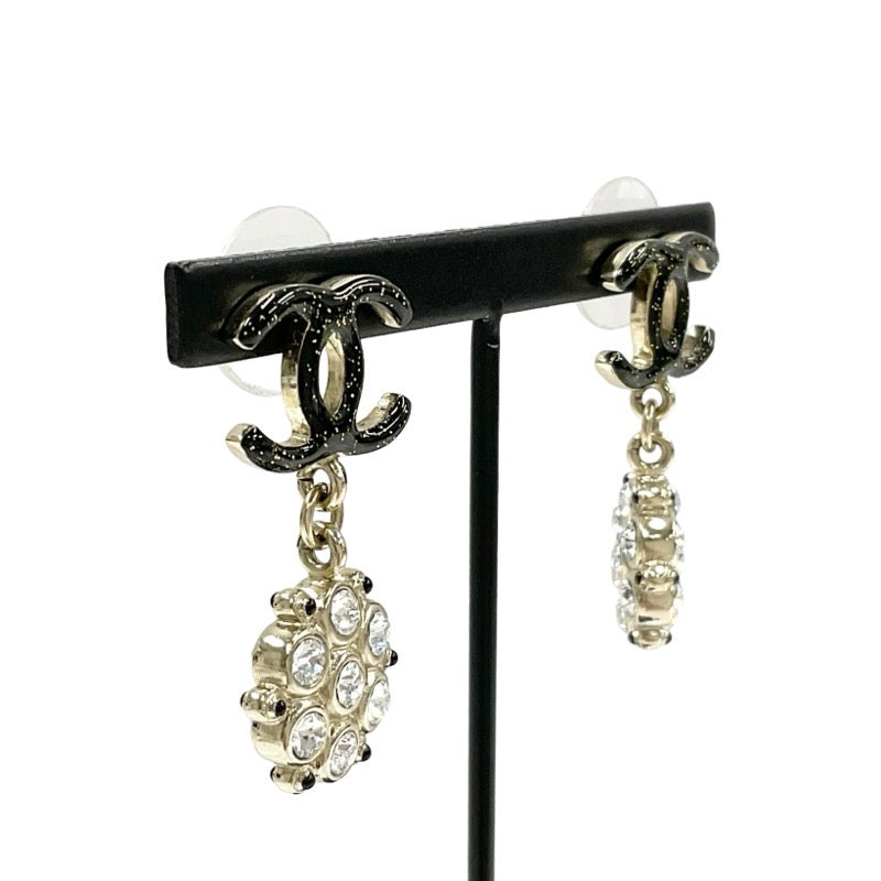 Chanel Earrings Black Gold Coco Mark Rhinestone Glitter