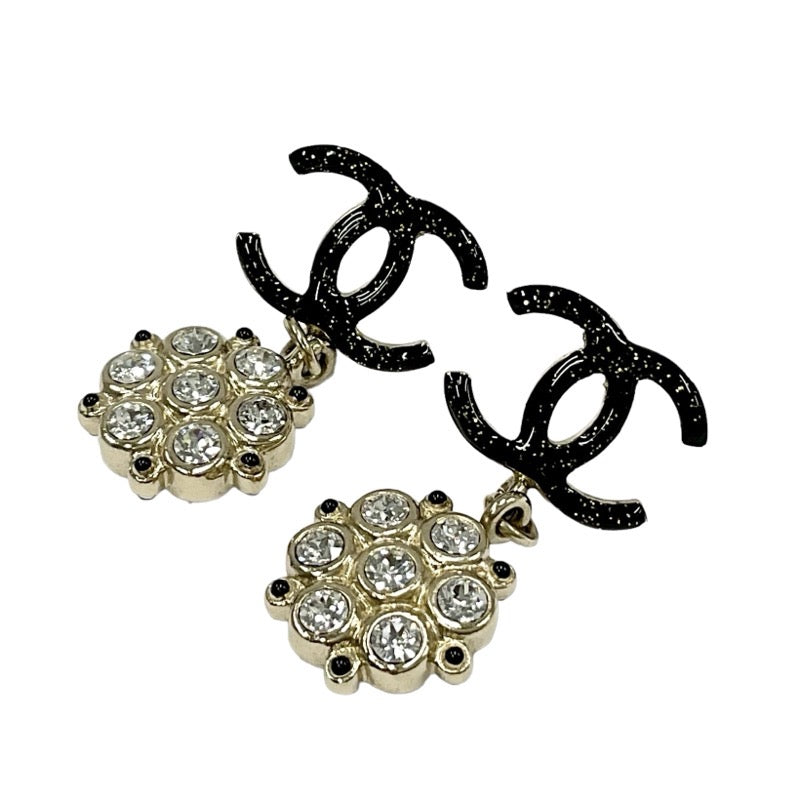 Chanel Earrings Black Gold Coco Mark Rhinestone Glitter