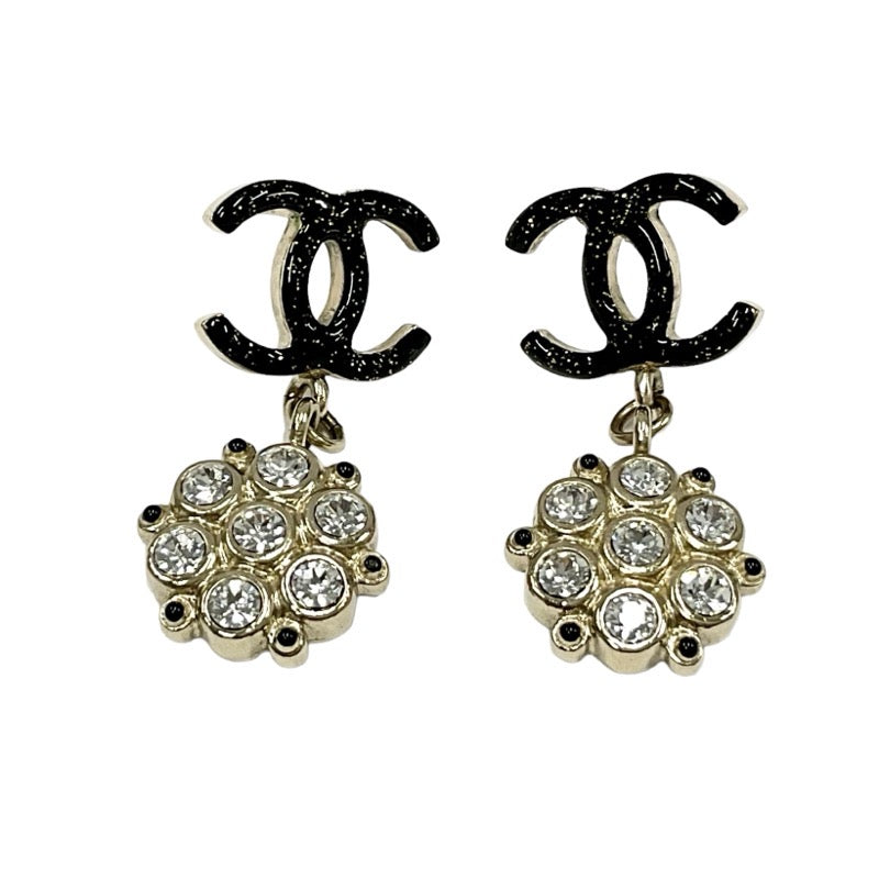 Chanel Earrings Black Gold Coco Mark Rhinestone Glitter