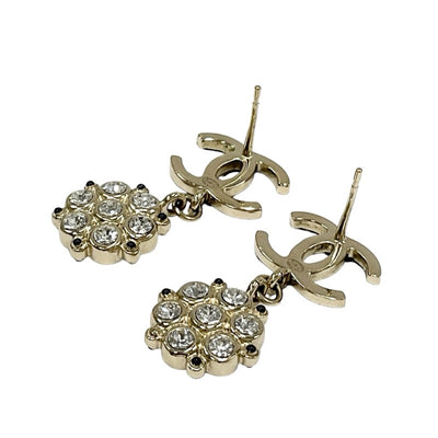 Chanel Earrings Black Gold Coco Mark Rhinestone Glitter