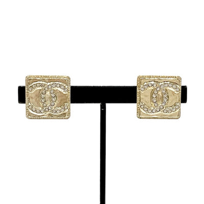 Chanel Earrings Gold Coco Mark Rhinestone Square