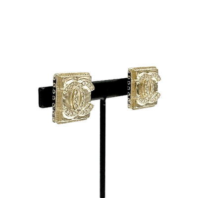 Chanel Earrings Gold Coco Mark Rhinestone Square