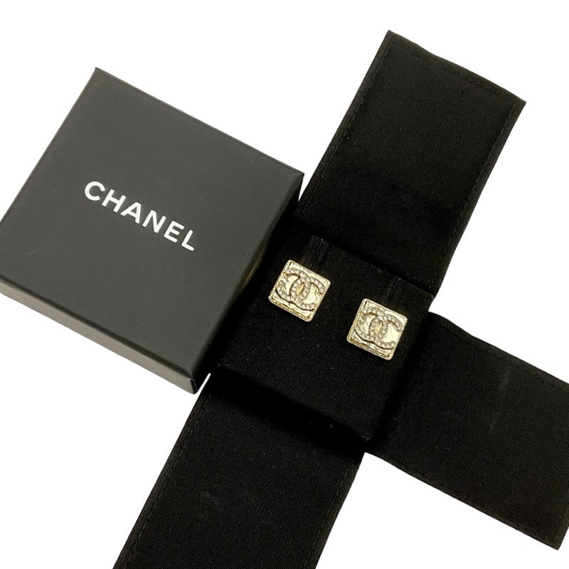 Chanel Earrings Gold Coco Mark Rhinestone Square