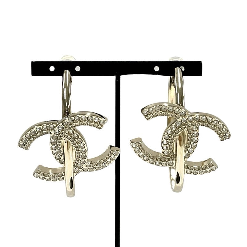 Chanel Earrings Gold Coco Mark Rhinestone Hoop