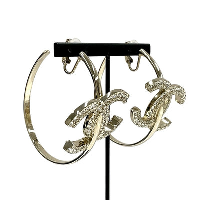 Chanel Earrings Gold Coco Mark Rhinestone Hoop