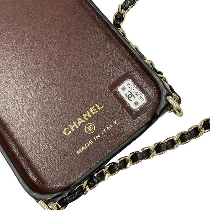 シャネル CHANEL 携帯・スマホアクセサリー ブラック ゴールド ココマーク マトラッセ ラムスキン iPhone14pro iPhoneケース パールチェーン