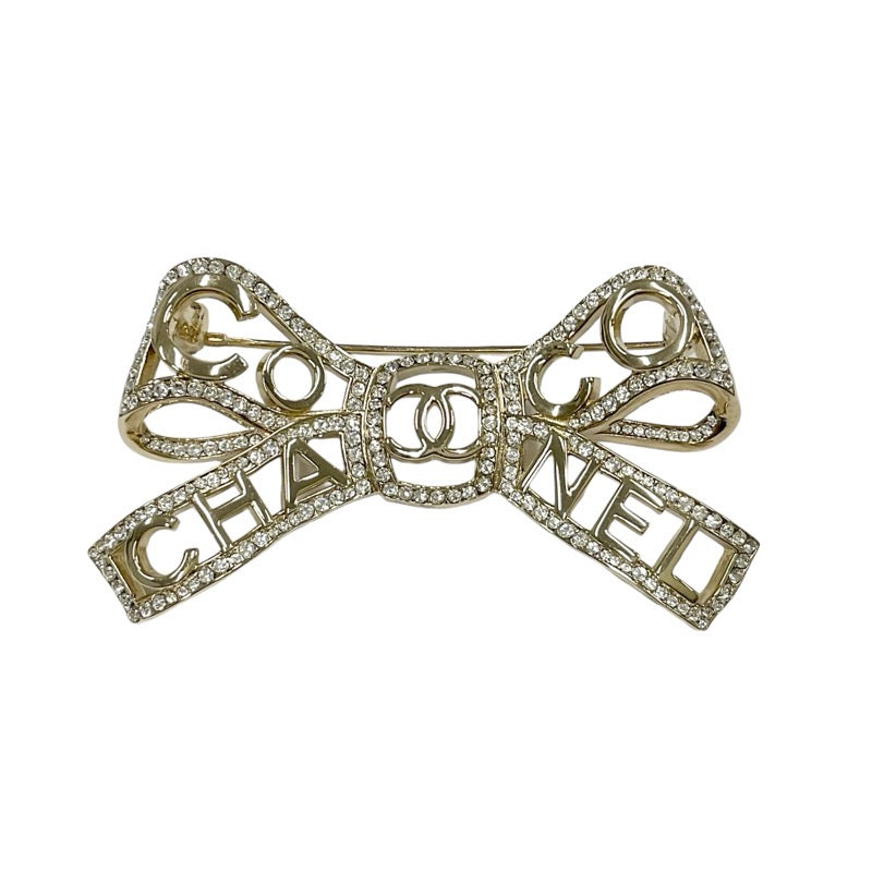 Chanel CHANEL Brooch Corsage Gold Coco Mark Rhinestone Ribbon Logo