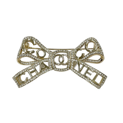 Chanel CHANEL Brooch Corsage Gold Coco Mark Rhinestone Ribbon Logo