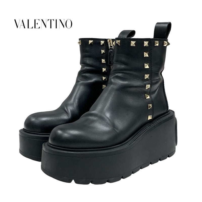 Valentino Boots, Short Boots, Shoes, Leather, Black, Gold, Rock Studs, Thick Sole, Platform