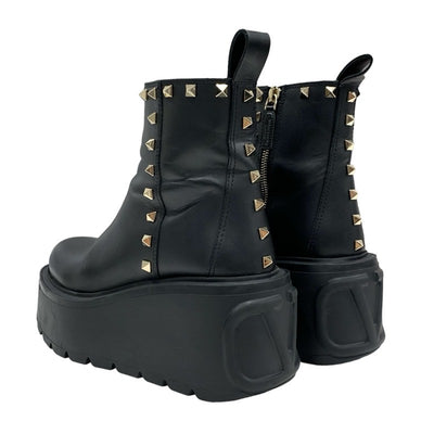 Valentino Boots, Short Boots, Shoes, Leather, Black, Gold, Rock Studs, Thick Sole, Platform