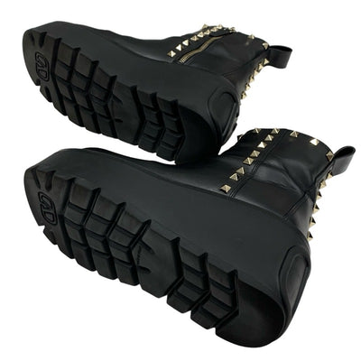 Valentino Boots, Short Boots, Shoes, Leather, Black, Gold, Rock Studs, Thick Sole, Platform