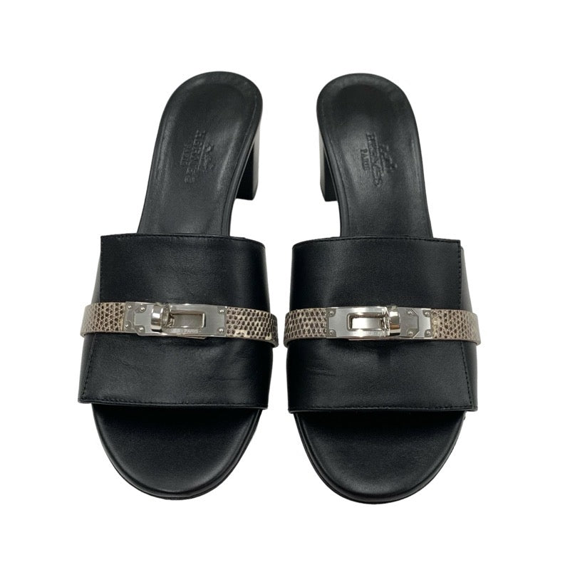 Hermes Gigi Sandals Shoes Leather Black Beige Black Silver Kelly Metal Fittings Mules Lizard