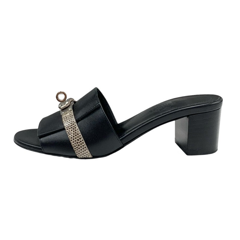 Hermes Gigi Sandals Shoes Leather Black Beige Black Silver Kelly Metal Fittings Mules Lizard