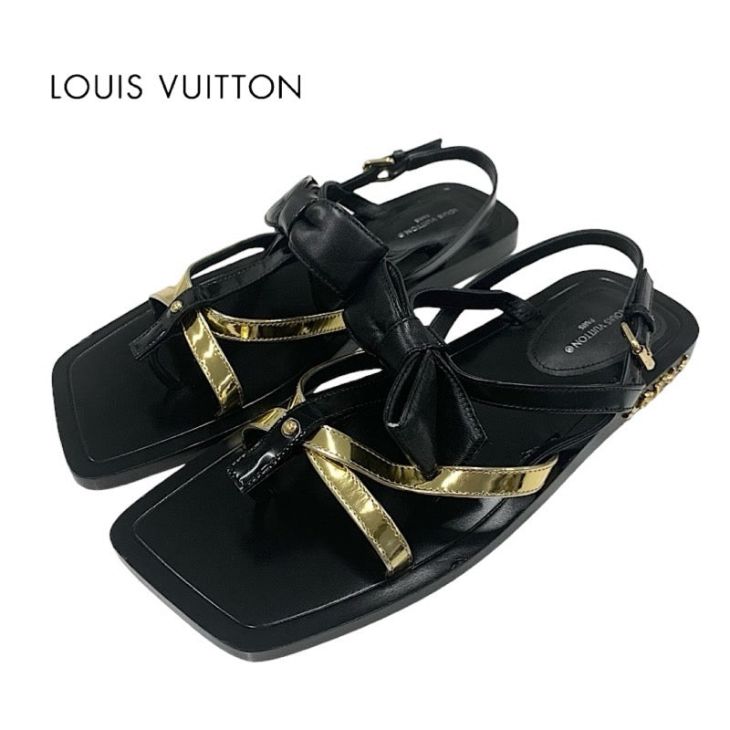 Louis Vuitton Peplum Line Sandals Shoes Leather Black Gold Black Ribbon Flat Sandals