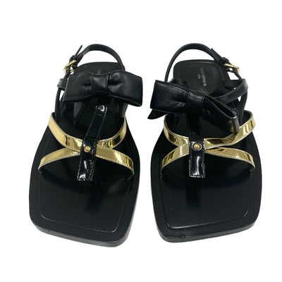 Louis Vuitton Peplum Line Sandals Shoes Leather Black Gold Black Ribbon Flat Sandals