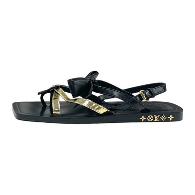 Louis Vuitton Peplum Line Sandals Shoes Leather Black Gold Black Ribbon Flat Sandals