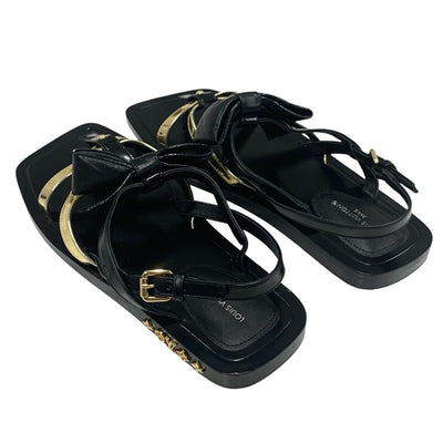 Louis Vuitton Peplum Line Sandals Shoes Leather Black Gold Black Ribbon Flat Sandals