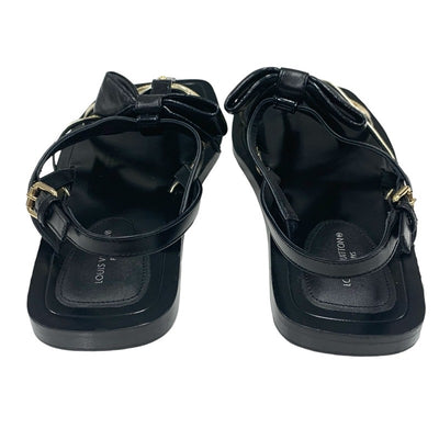 Louis Vuitton Peplum Line Sandals Shoes Leather Black Gold Black Ribbon Flat Sandals