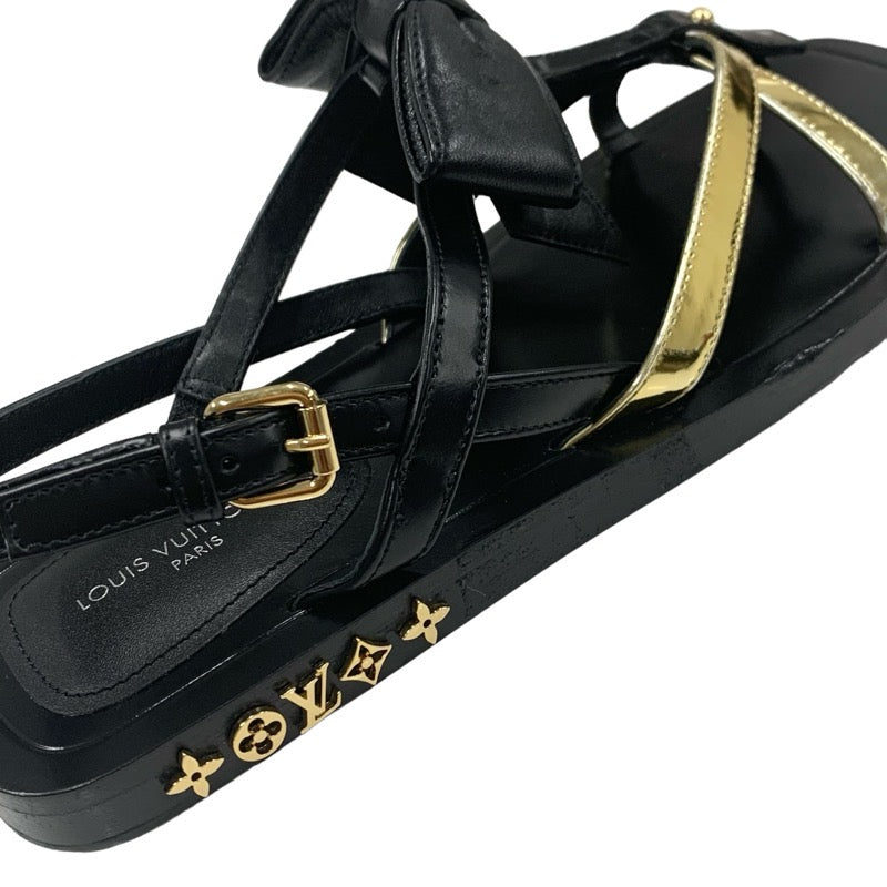 Louis Vuitton Peplum Line Sandals Shoes Leather Black Gold Black Ribbon Flat Sandals