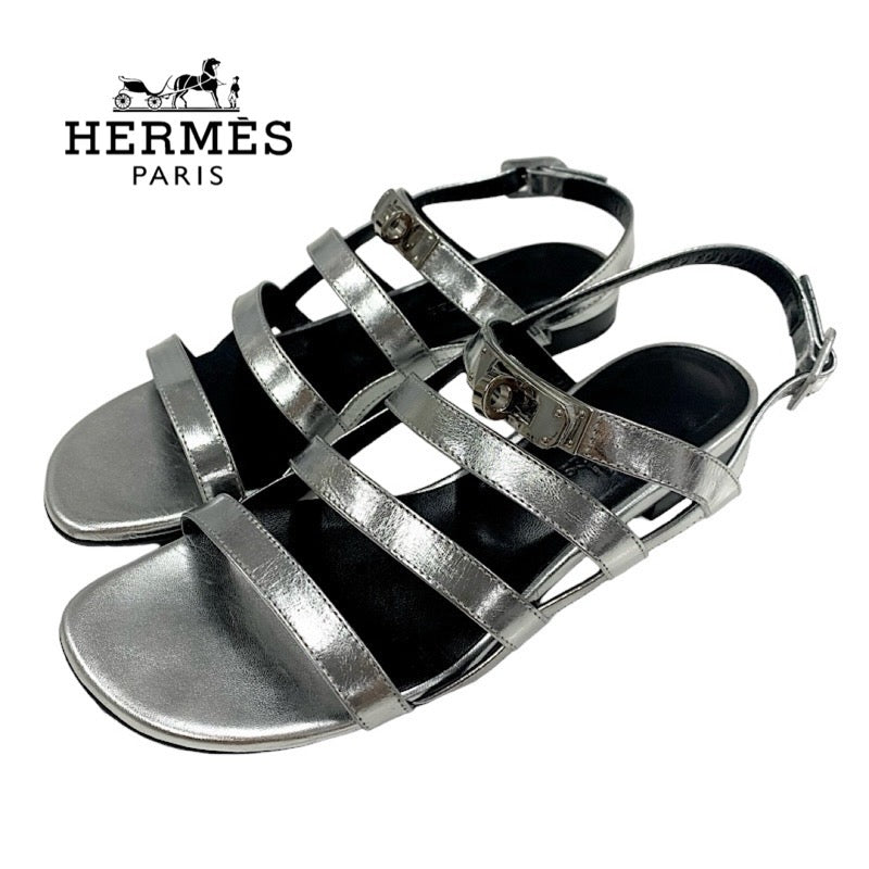 Hermes HERMES Transat Sandals Shoes Leather Silver Flat Sandals Kelly Metal Fittings