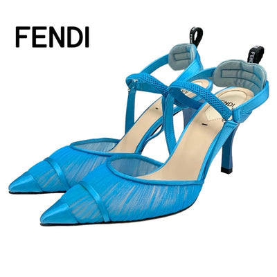フェンディ FENDI コリブリ パンプス 靴 シューズ サテン レース ブルー 未使用 ロゴ