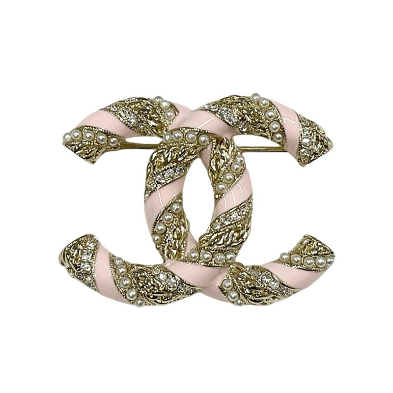 Chanel CHANEL Brooch Corsage Gold Pink Coco Mark Rhinestone Pearl