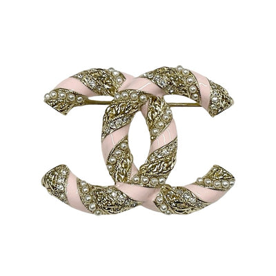 Chanel CHANEL Brooch Corsage Gold Pink Coco Mark Rhinestone Pearl